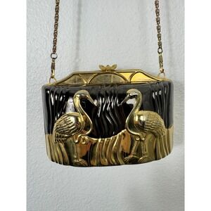 Vintage Unique Crane Black Gold Rhinestone Chain Strap Clutch Evening Bag